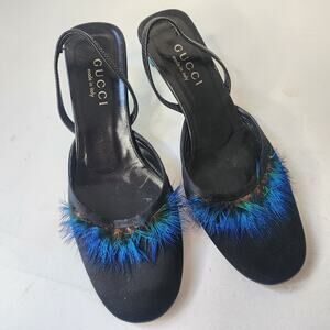 Gucci Vintage 1999 Tom Ford Black Satin Blue Feather Heels 7B